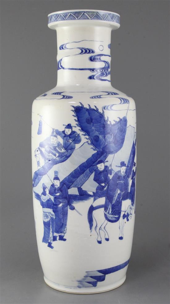 A large Chinese blue and white rouleau vase, late 19th century, 46.5cm